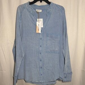 NWT New In Cotton Gauze Washed Boho Raw Edge Button Down Denim Blue 1X